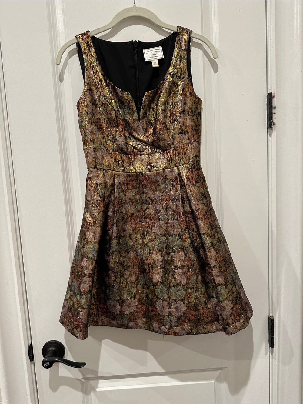 Moulinette Soeurs Metallic Floral Fit-and-Flare Dress in Gold and Green